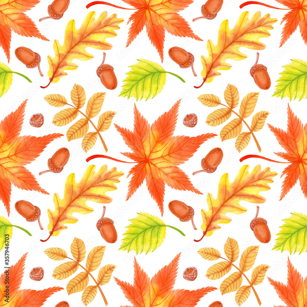 Seamless pattern with watercolor autumn maple,  birch, oak, wild rose leaves and acorns. Perfect for greetings, invitations, manufacture wrapping paper, textile, wedding and web design.