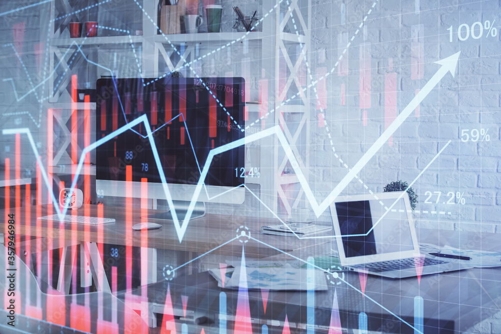 Double exposure of financial graph drawing and office interior background. Concept of stock market. Double exposure of financial graph drawing and office interior background. Concept of stock market.