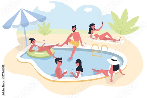 Pool party group of people dressed in swimwear swimming in pool or lying down on sunloungers and sunbathing. Men and women performing summer outdoor water activities colorful vector illustration