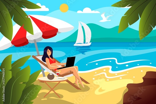 Pretty girl in swimsuits sunbathing on beach with laptop vector flat illustration. Woman sitting in a deck chair and holding a laptop on his lap on ocean works remotely Freelance Worked Distance Conce