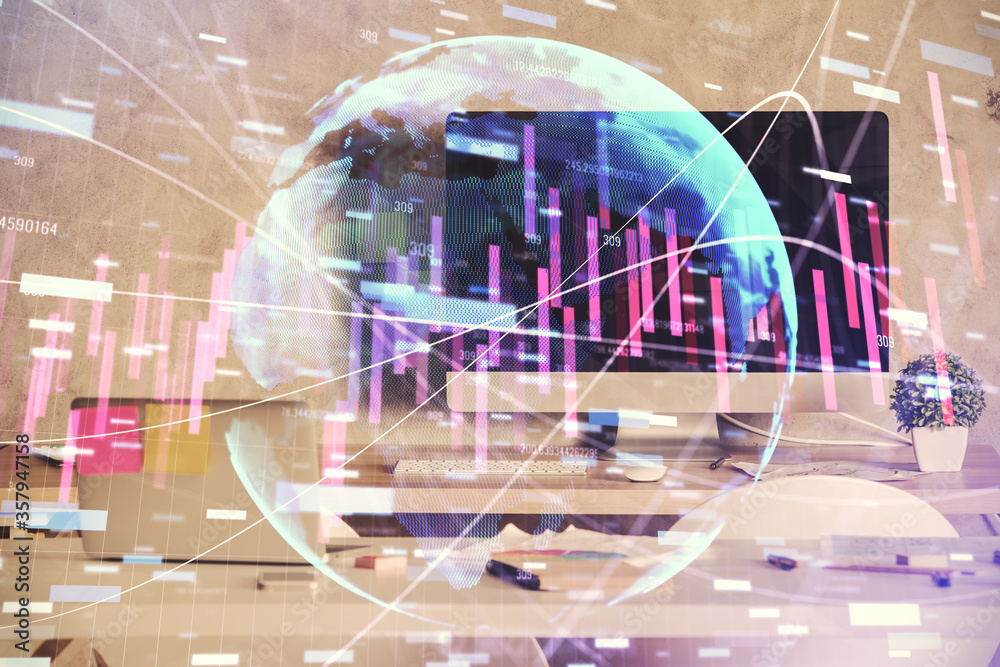 Multi exposure of stock market chart drawing and office interior background. Concept of financial analysis. Multi exposure of stock market chart drawing and office interior background. Concept of financial analysis.