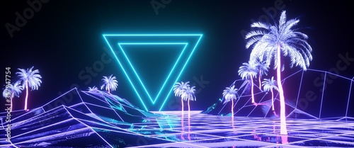 Retro futuristic scene in a style of 80's. Wireframe landscape with neon palms against glowing blue triangles and black sky. Cyberpunk concept. 3D illustration. Synthwave stylization.