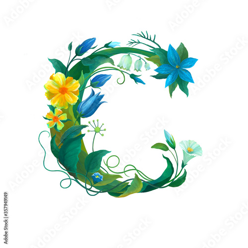 Floral alphabet, Botanical digital illustration.