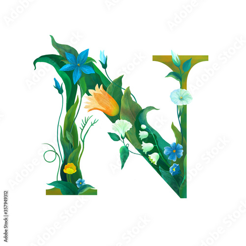 Floral alphabet, Botanical digital illustration.