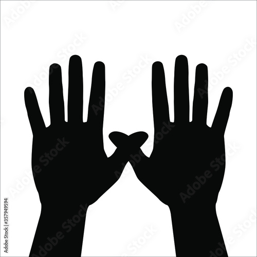 Two hand palm silhouette, secret symbol, open fingers crossed thumbs. Isolated vector illustration. Two overlapped human hands in hiding gesture. Black and white silhouette.