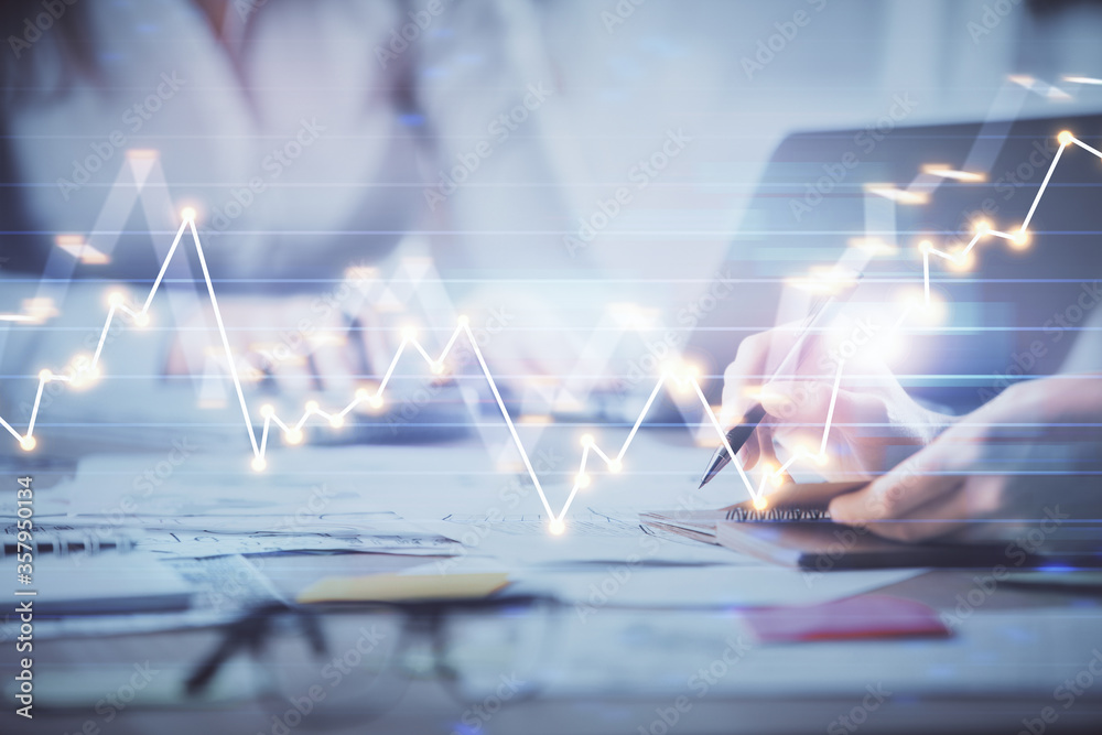 Multi exposure of woman hands typing on computer and financial chart hologram drawing. Stock market analysis concept. Multi exposure of woman hands typing on computer and financial chart hologram drawing. Stock market analysis concept.