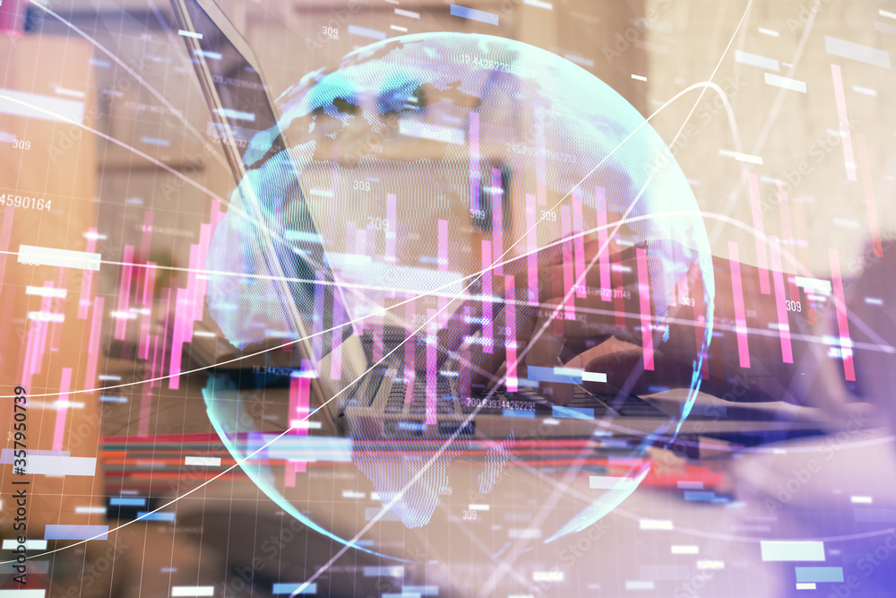 Double exposure of woman hands typing on computer and forex chart hologram drawing. Stock market invest concept.