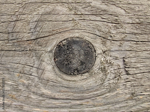 The grain of a wooden board nestles along the dark spreading knot in the middle with fine cracks everywhere as a close-up.
