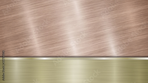 Background consisting of a bronze shiny metallic surface and one horizontal polished golden plate located below, with a metal texture, glares and burnished edges