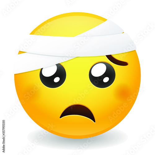 Emoji with Bandaged Head. Face emoticon Injured. Vector design illustration. 