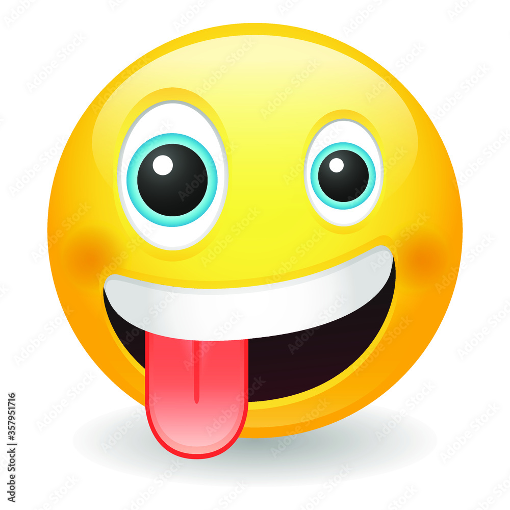 Crazy emoji with Zany Expression. Excited emoticon wild face. Vector