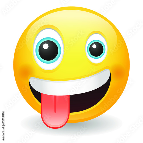 Crazy emoji with Zany Expression. Excited emoticon wild face. Vector design illustration. Grinning with one large and one small eye.