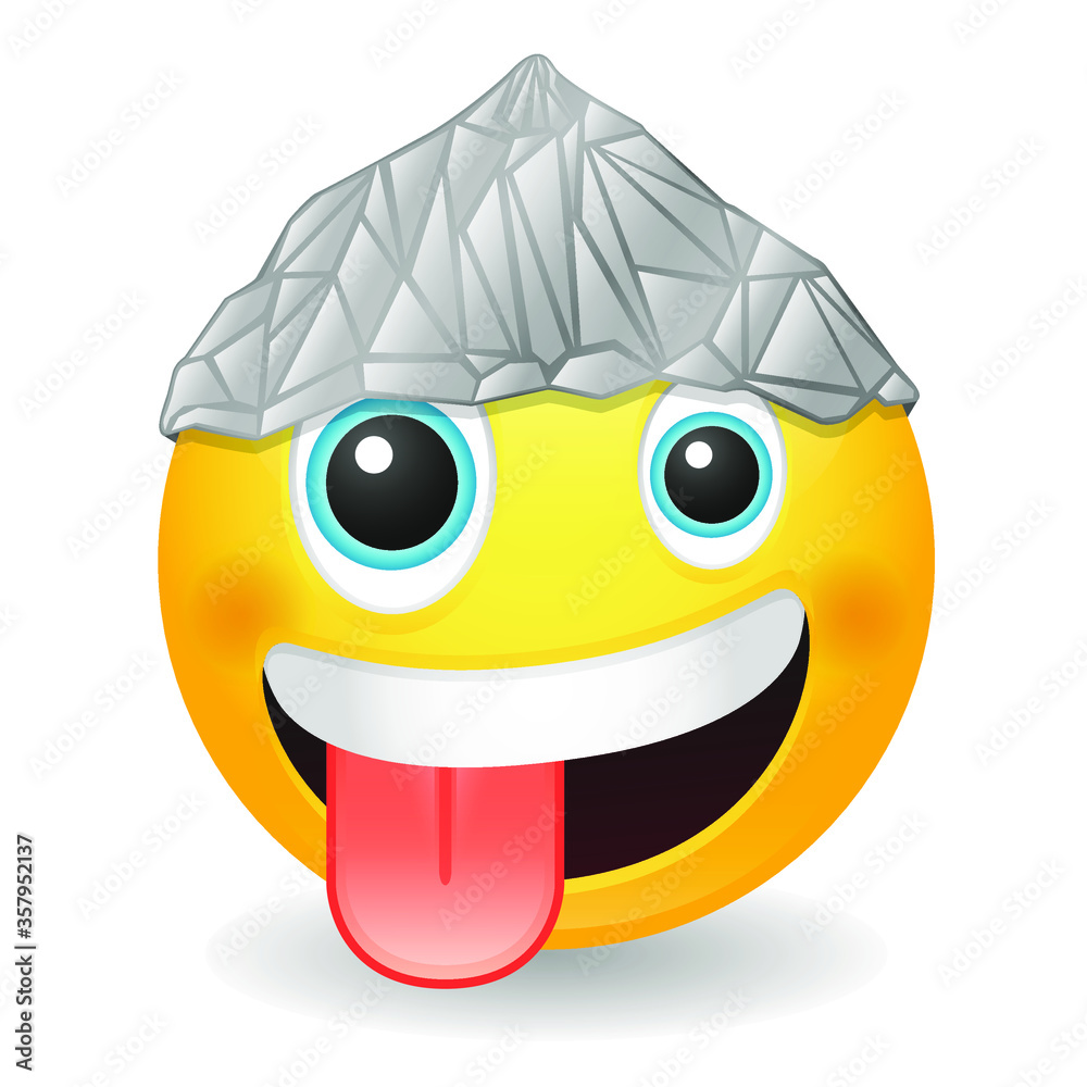 Conspiracy face with tin foil hat emoji with paranoid expression. Suspicion emoticon disbelief. Vector design illustration. Grinning with one large and one small eye. - obrazy, fototapety, plakaty 