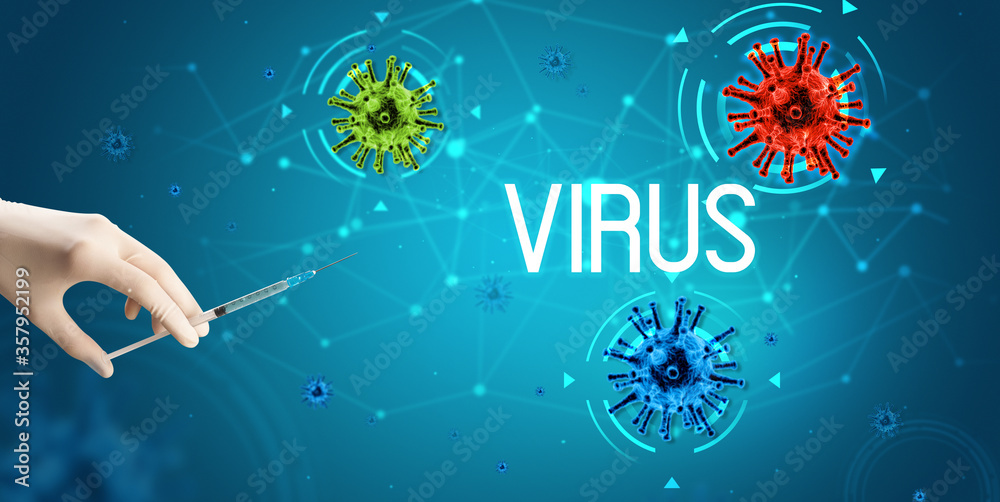 Syringe, medical injection in hand with VIRUS inscription, coronavirus vaccine concept