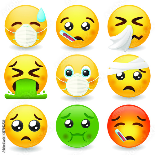 Emoji sick set expression. Emoticon Icons disease collection. Vector design people.