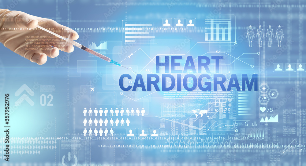 Close-up view of doctor's hand in a white glove holding syringe with HEART CARDIOGRAM inscription, healthcare and medical concept Close-up view of doctor's hand in a white glove holding syringe with HEART CARDIOGRAM inscription, healthcare and medical concept