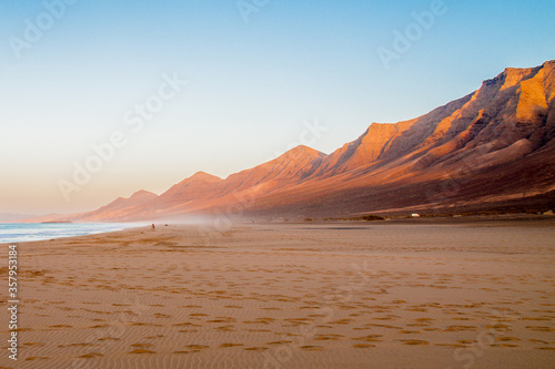 Landscape of Panoramic vulcanic mountains and Atlantic Ocean ,  dunes of coralejo and Gran Tarajal Port in Fuerteventura, Lanzarote 