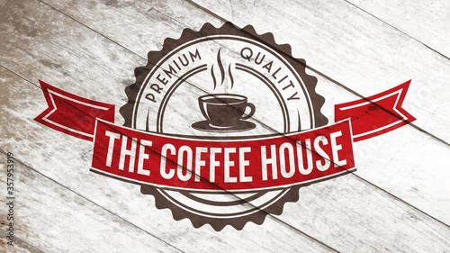 coffee shop brand selling premium quality production with vintage elements on small rounded emblem over wooden background
