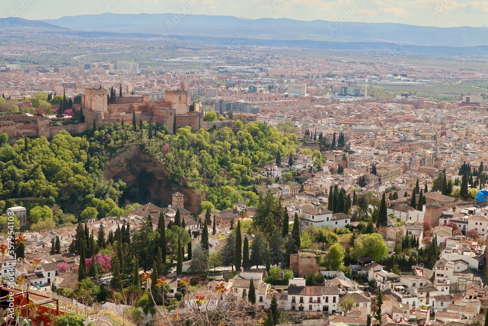 View of the city centre of Granada, Spain, with the Alhambra Palace in the foreground