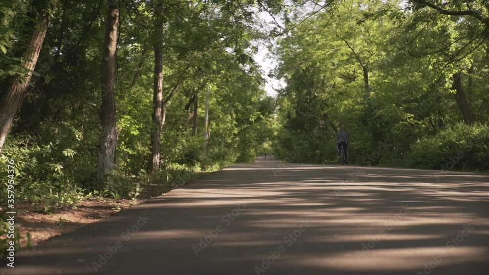 Empty calm asphalt cement pavement road fot bicycle sport bike through the green tree park on sunny day Empty calm asphalt cement pavement road fot bicycle sport bike through the green tree park on sunny day