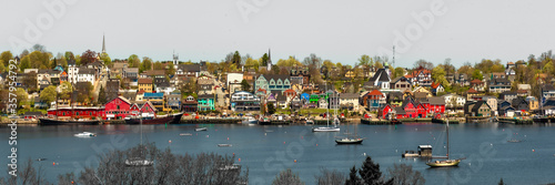 The city of Lunenberg in Nova Scotia, eastern Canada. Taken in the summertime on a blue sky day with panorama, panoramic scenery scenic view.