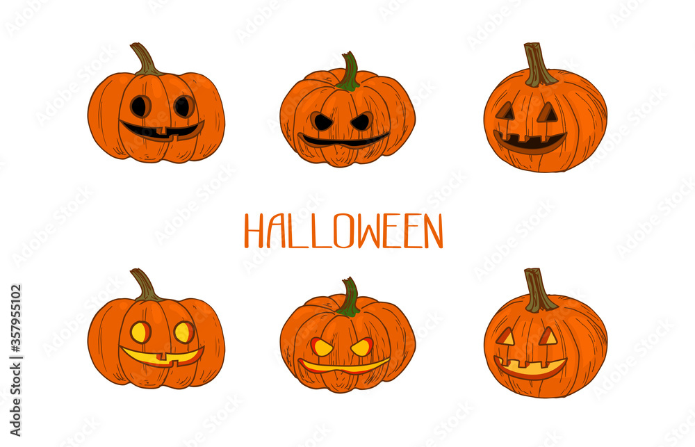 Hand drawn sketch style funny round hallowed-out pumpkins set on white background. Jack-o'-lanterns on and off. Happy halloween art. Hand drawn sketch style funny round hallowed-out pumpkins set on white background. Jack-o'-lanterns on and off. Happy halloween art.