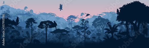 Vector horizontal tropical rainforest Jungle background with animals