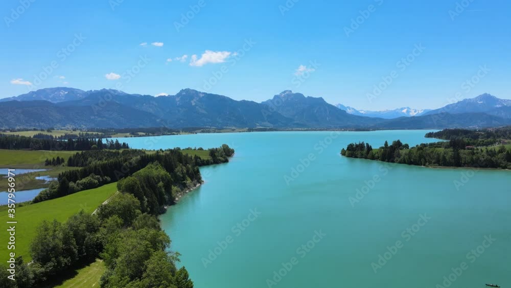 Aerial view over Lake Forggensee at the city of Fuessen in Bavaria Germany Aerial view over Lake Forggensee at the city of Fuessen in Bavaria Germany