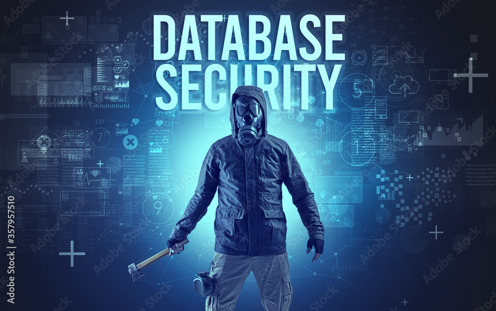 Faceless man with DATABASE SECURITY inscription, online security concept
