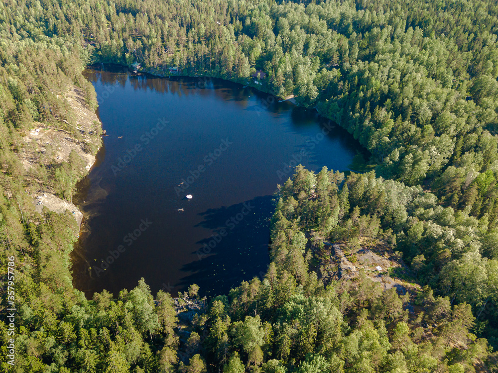 Aerial shot. Lakes and forest in Finland. Sunny day. Finland.Sorvalampi