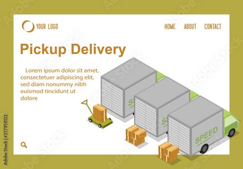 website landing page,  Box truck parking for packing delivery, isometric design website concept , processing logistic industry cargo transport delivery sign isolated
