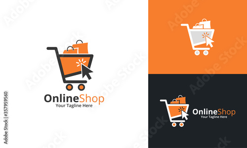 Online Shop Logo designs Template. Illustration vector graphic of shopping cart and shop bag combination logo design concept. Perfect for Ecommerce, sale, discount or store web element. Company emblem