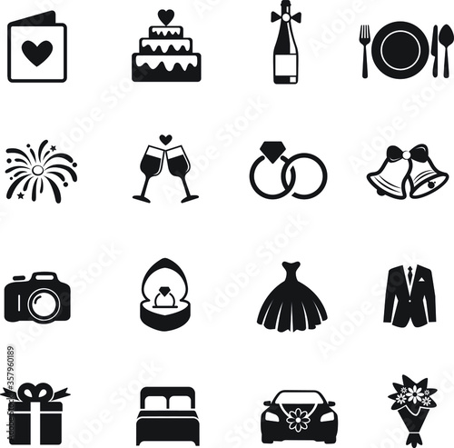 Wedding icons silhouette on white Background.