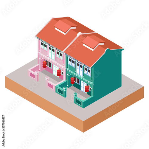 Photography Isometric Vector Illustration Representing Colonial Living House Buildings in Ch