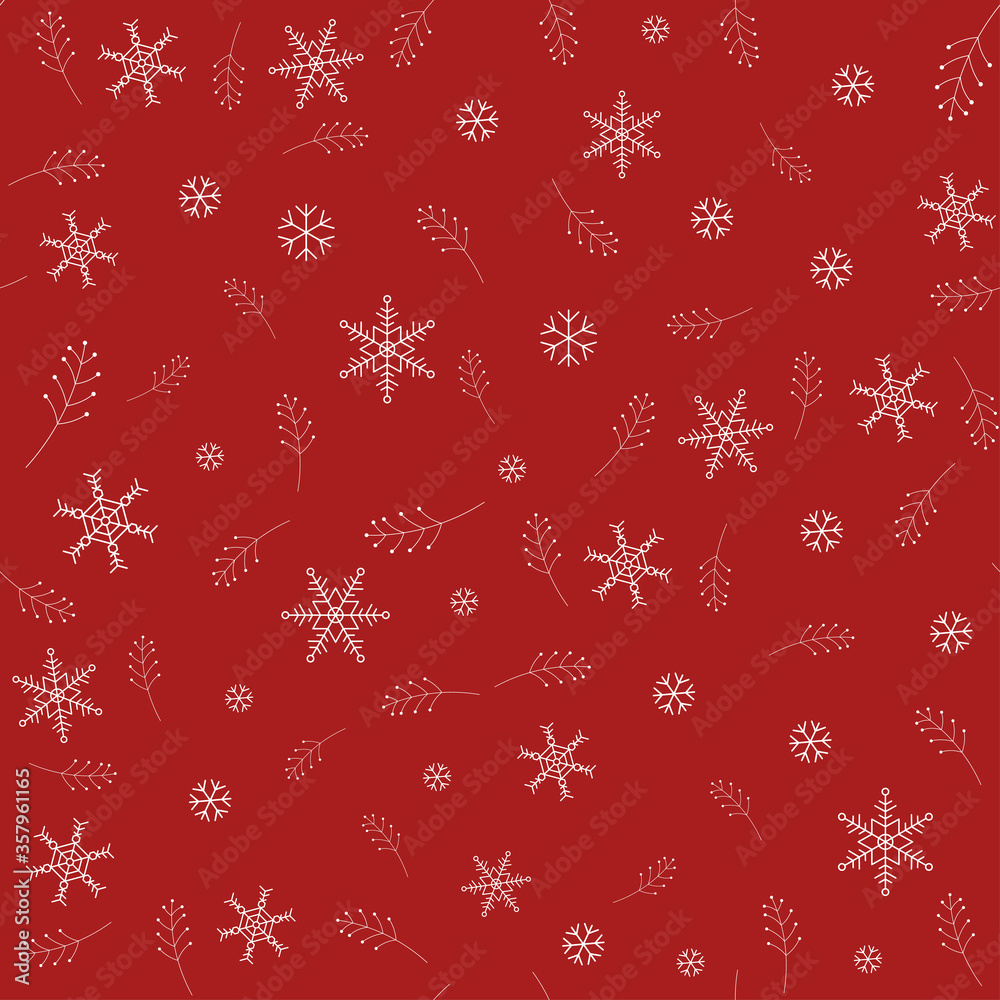 Christmas symbols and snowflakes red color seamless pattern background. Vector Illustration.