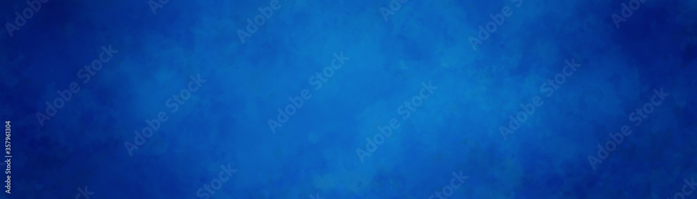 blue background texture, dark border grunge and light cloudy center design in panoramic website banner or graphic art background