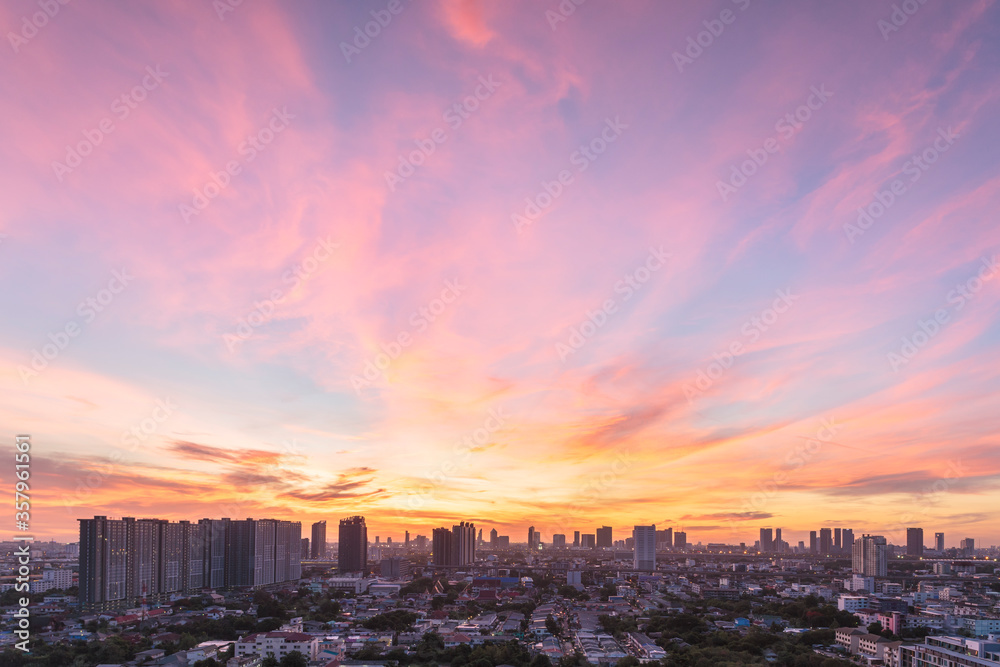 Morning time view of sunrise over Bangkok city, thailand