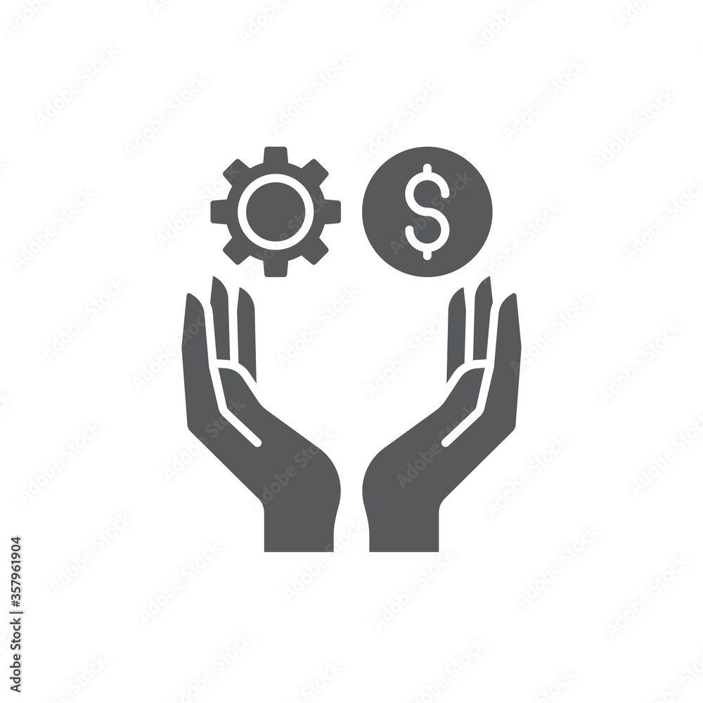 Hands holding gear and money vector icon symbol isolated on white background Hands holding gear and money vector icon symbol isolated on white background