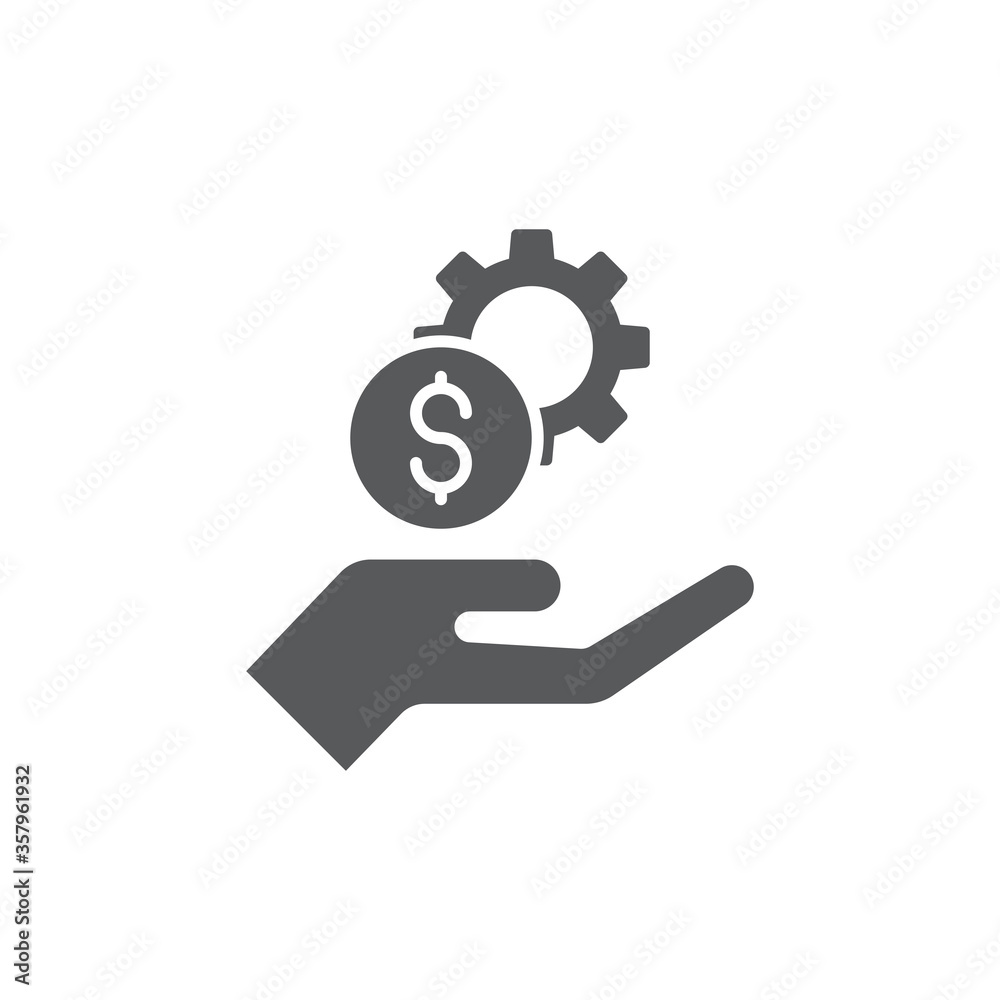 Hands holding gear and money vector icon symbol isolated on white background Hands holding gear and money vector icon symbol isolated on white background
