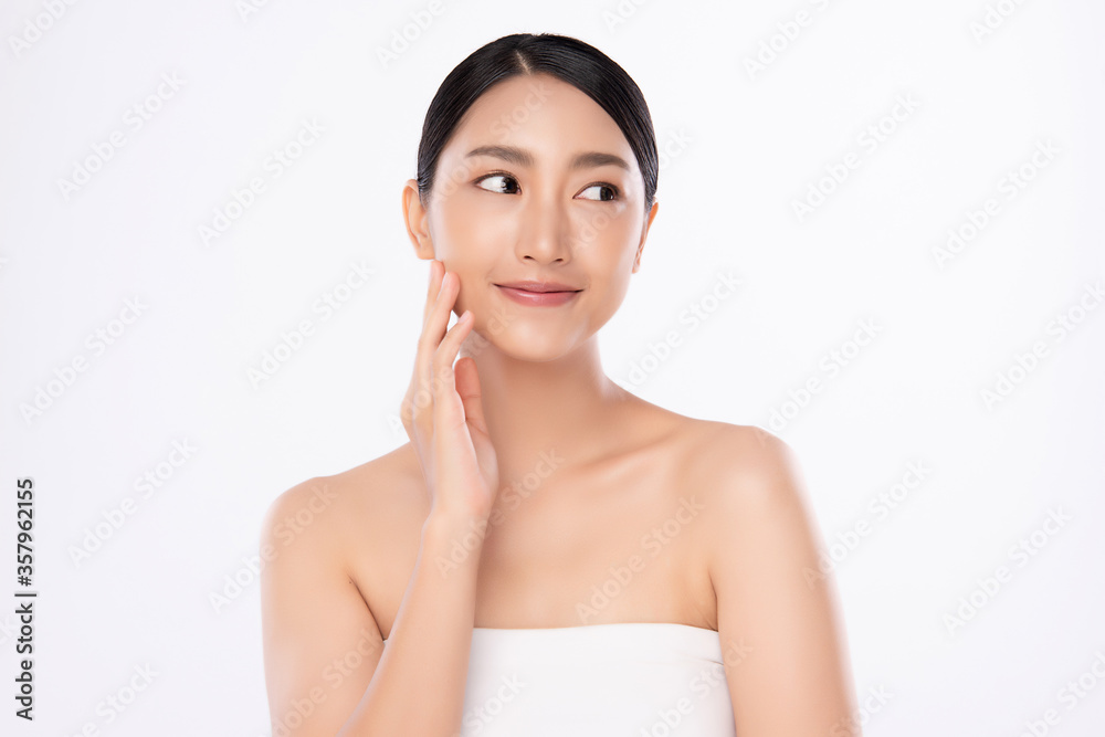 Beautiful Young asian Woman touching her clean face with fresh Healthy Skin, isolated on white background, Beauty Cosmetics and Facial treatment Concept. Beautiful Young asian Woman touching her clean face with fresh Healthy Skin, isolated on white background, Beauty Cosmetics and Facial treatment Concept.