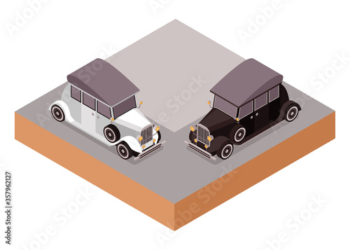 Isometric Vector Illustration of Old Classic Vintage Saloon Car of Colonialism Era with Black White Colors