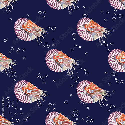 Seamless underwater animal pattern with Nautilus Pompilius ocean mollusks and water bubbles.