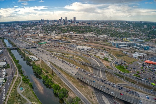 Aerial View of Denver skyline with Traffic on Rainy Day