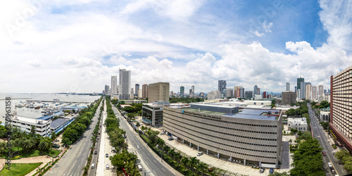 Manila, Philippines - June 2020: Fisheye panoramic aerial of Roxas Boulevard, Manila Skyline and Bangko Sentral ng Pilipinas Complex. photo