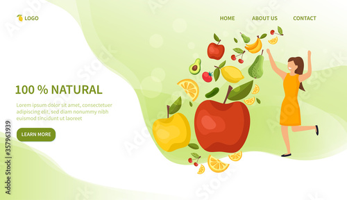 Fresh fruit and vegetables concept with healthy young woman running towards a selection of different floating produce with 100 percent natural text, colored vector illustration