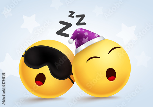 Emoji sleep vector design. Emojis sleeping tired and snoring character with eye mask and hat element in white background. Vector illustration.