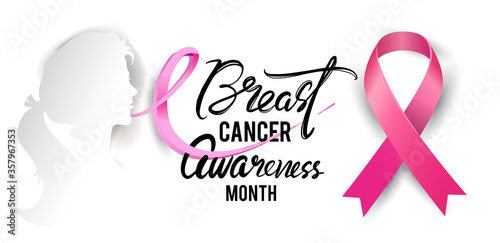 Breast Cancer Awareness Calligraphy Poster Design with Realistic pink ribbon, October is Cancer Awareness Month. Vector illustration