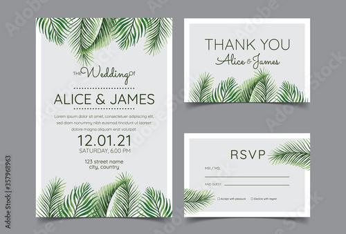 Beautiful hand drawn palm leaf natural wedding invitation cards. Includes invitation templates, RSVP, and thank you cards. Vector