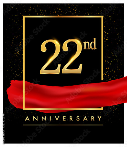 22nd anniversary logo with red ribbon and confetti golden colored isolated on elegant background, vector design for greeting card and invitation card