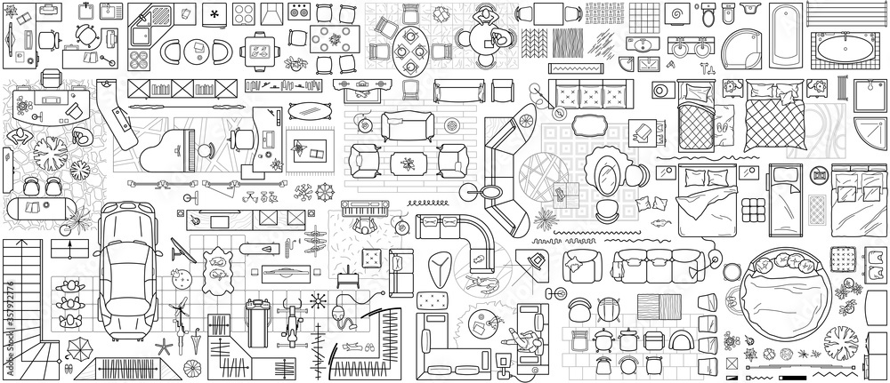 Set of furniture top view for apartments plan. The layout of the apartment design, technical drawing. Interior icon for bathrooms, living room, kitchen, bedroom, hallway . Vector floor plan. Set of furniture top view for apartments plan. The layout of the apartment design, technical drawing. Interior icon for bathrooms, living room, kitchen, bedroom, hallway . Vector floor plan.